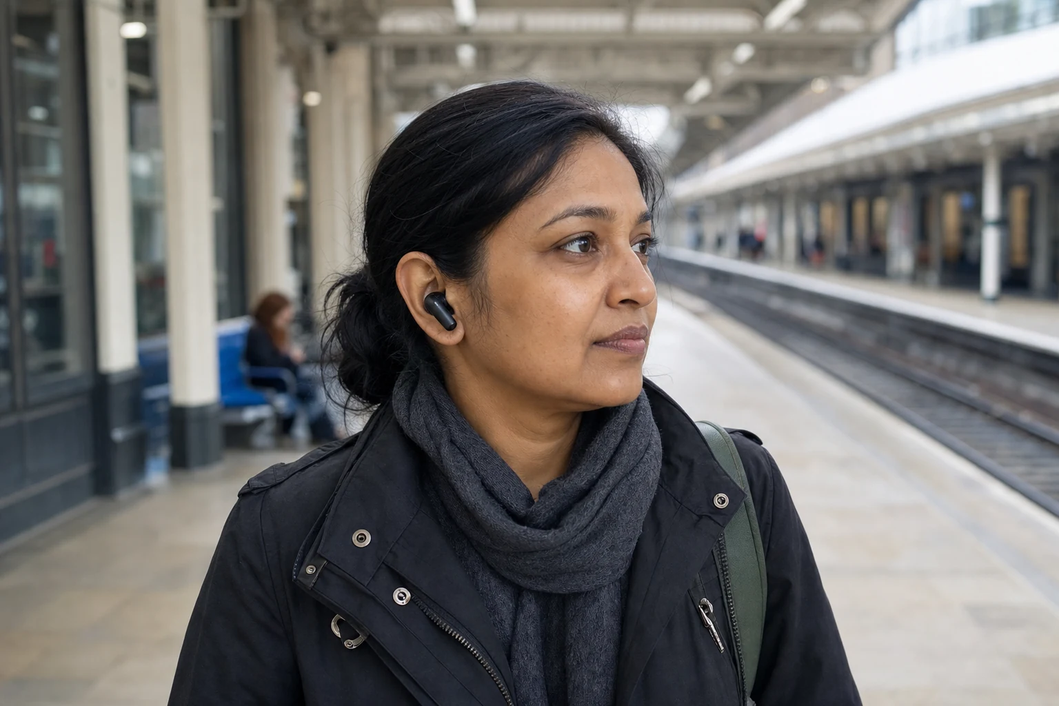 Woman wearing an AI Earbud at a British railway station