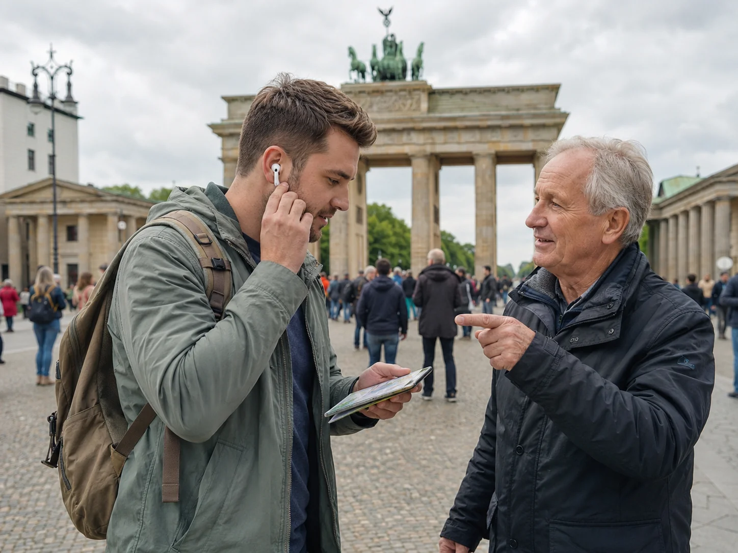 Traveller using a wireless earbud and phone while speaking with a local man in Berlin