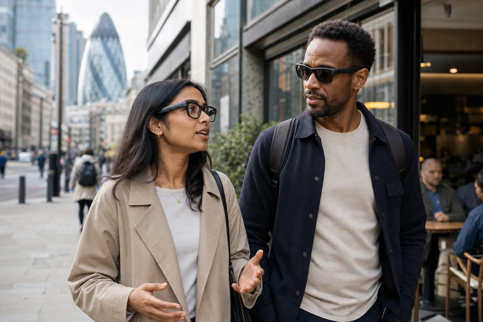 Two people wearing discreet AI glasses while walking through London