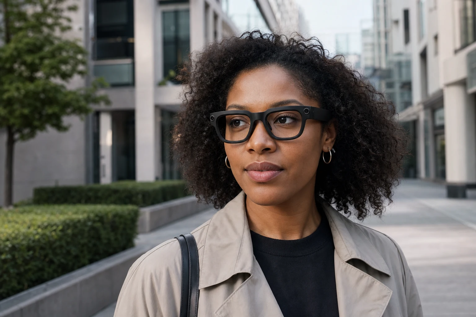 Black woman wearing contemporary AI glasses on a British city street
