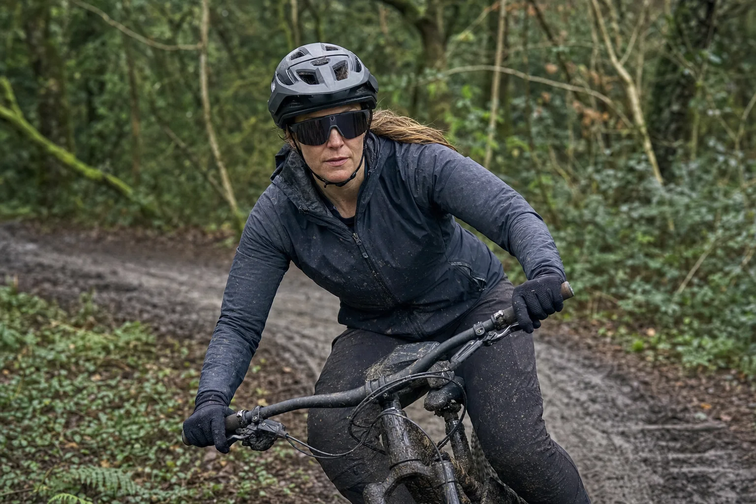 Mountain biker wearing full-wrap performance AI glasses on a woodland trail