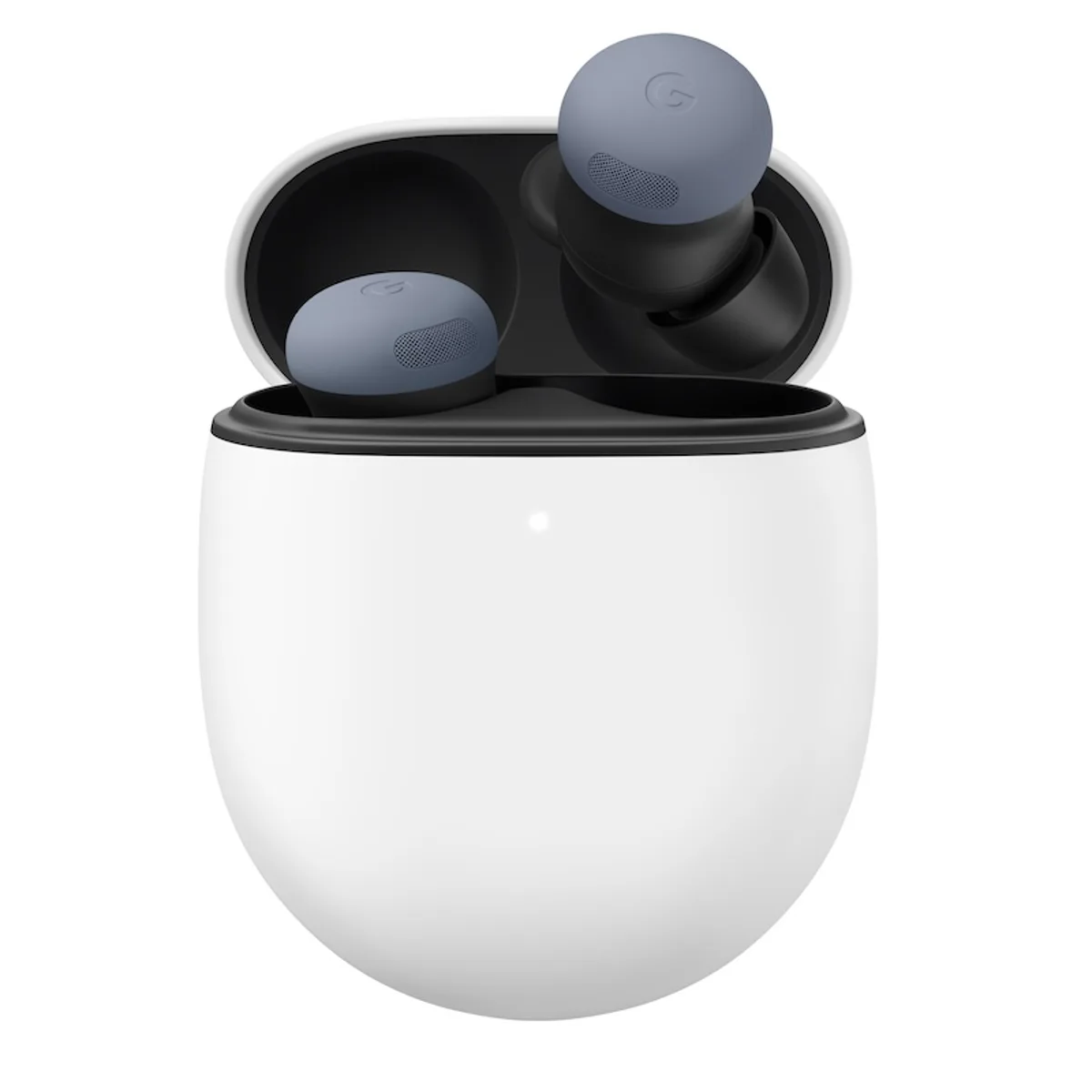 Google Pixel Buds Pro 2 in Moonstone emerging from their white charging case