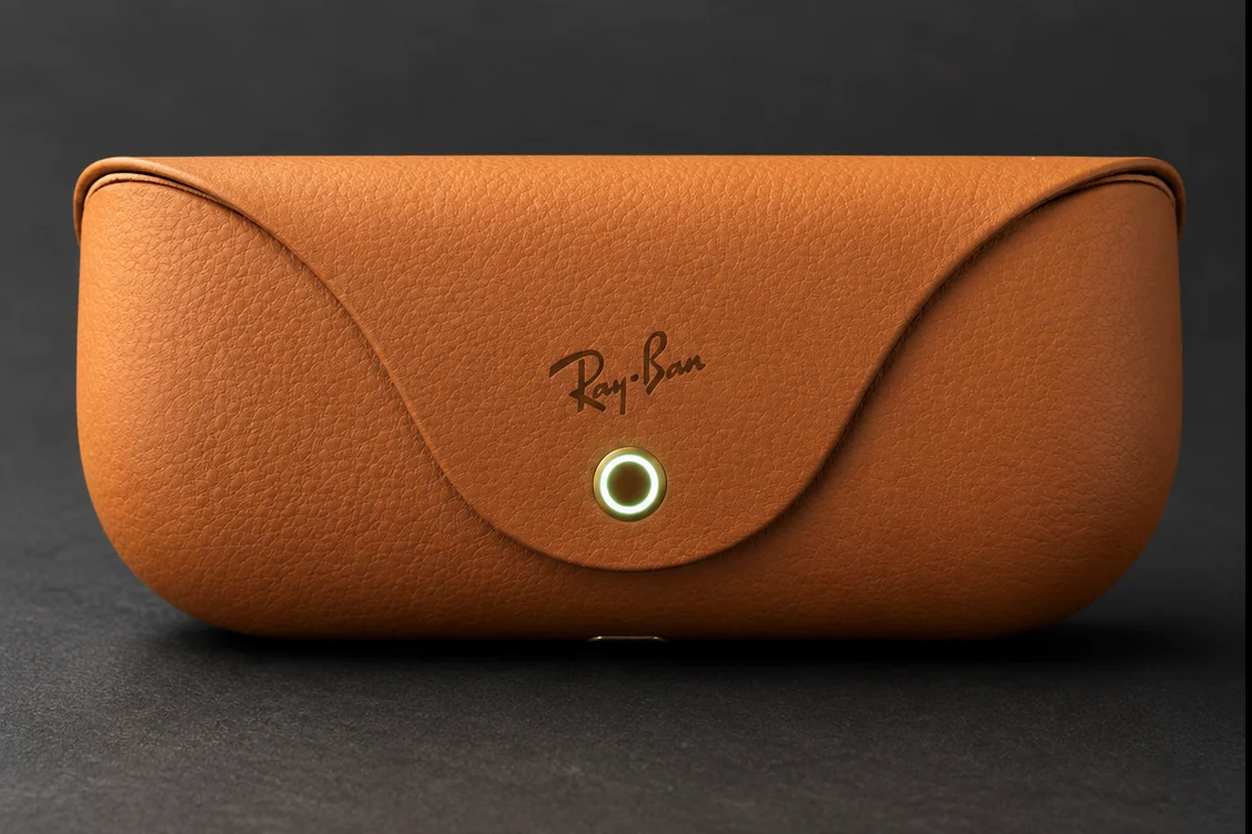 Closed tan Ray-Ban Meta Gen 2 charging case with illuminated status light