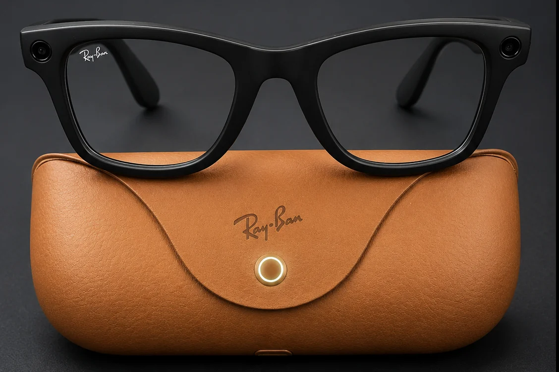 Ray-Ban Meta Gen 2 Wayfarer glasses resting on their charging case