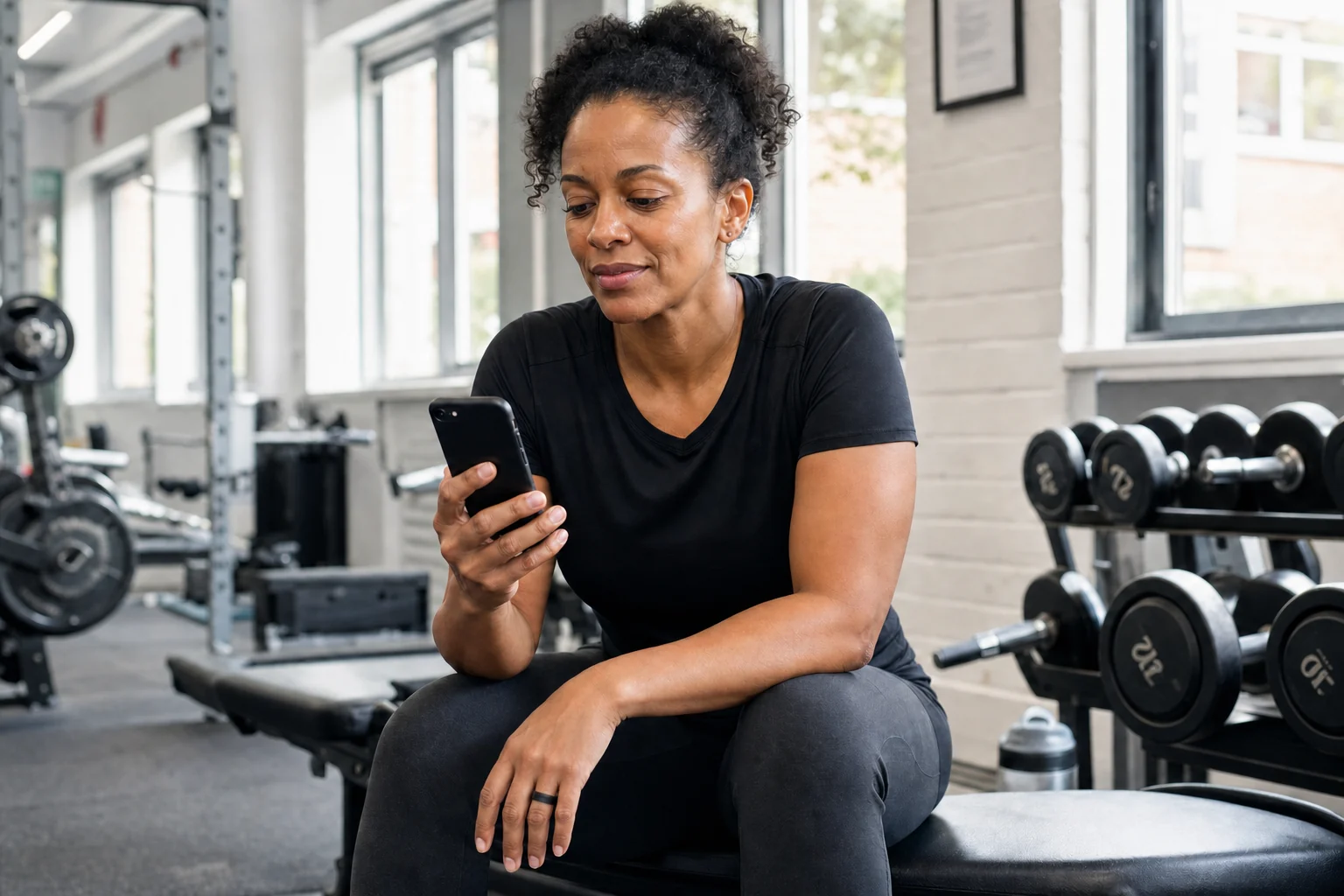 Woman wearing a black Smart Ring while checking recovery information between gym exercises