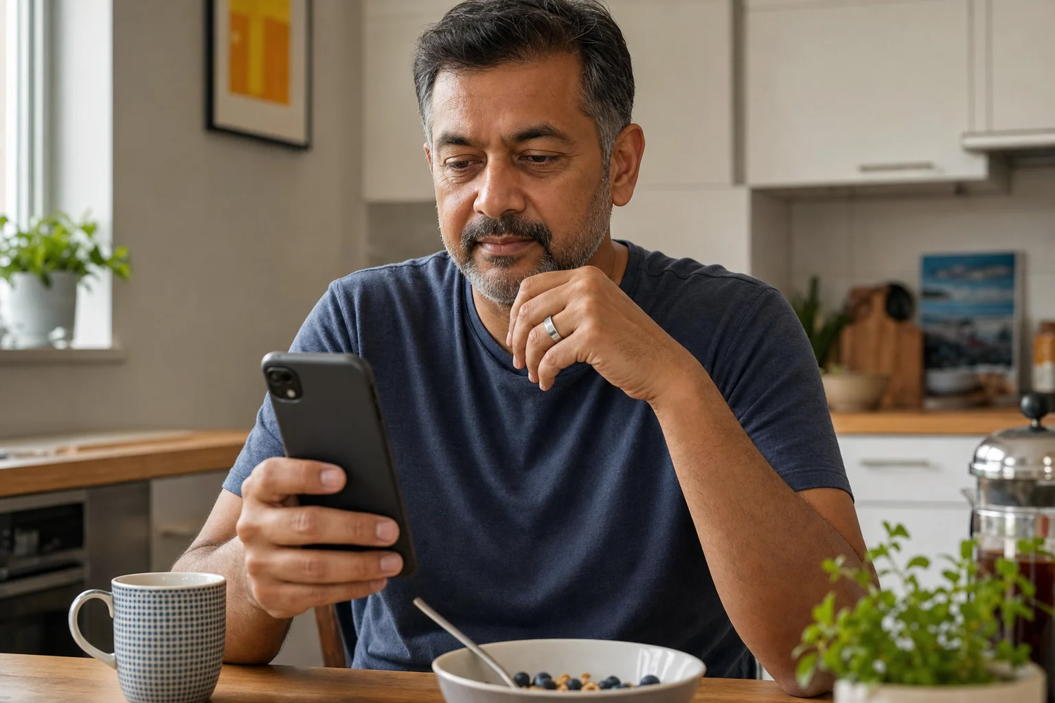 Man wearing a silver Smart Ring while checking sleep information on his phone at breakfast