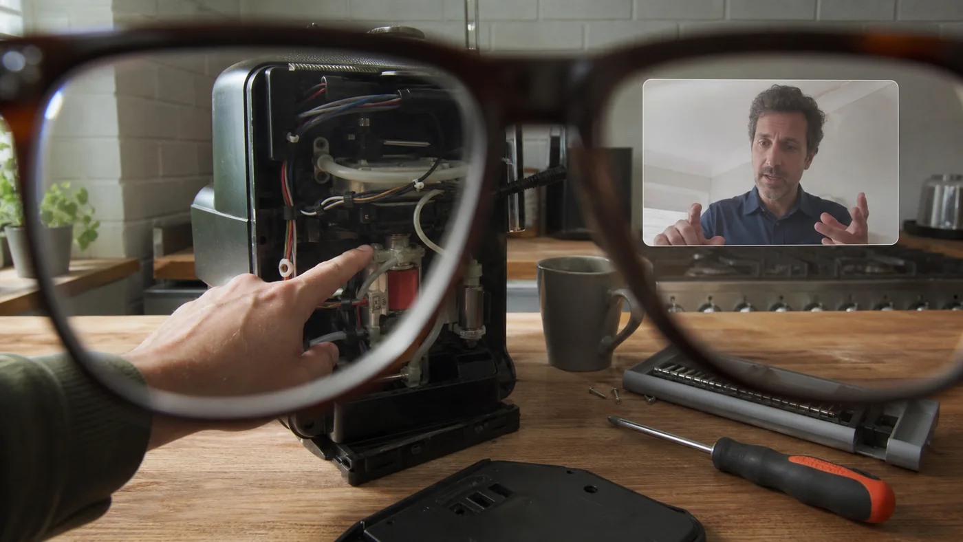 First-person view through display glasses during a video call about repairing a coffee machine