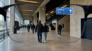 View through smart glasses showing a simple arrow towards Block 5 in an arena concourse