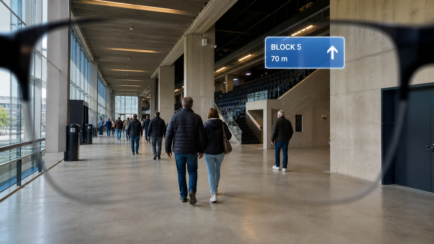 View through smart glasses showing a simple arrow towards Block 5 in an arena concourse