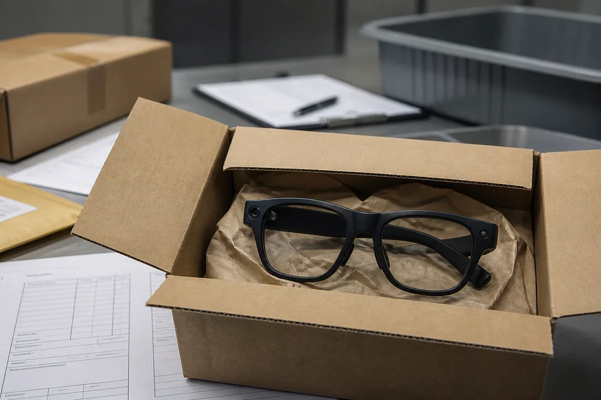 Generic camera-enabled smart glasses inside an opened shipping parcel