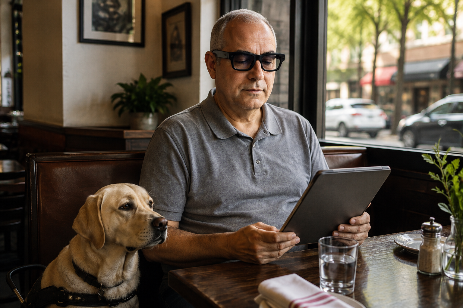 A man wearing Meta smart glasses sits in a café with a guide dog