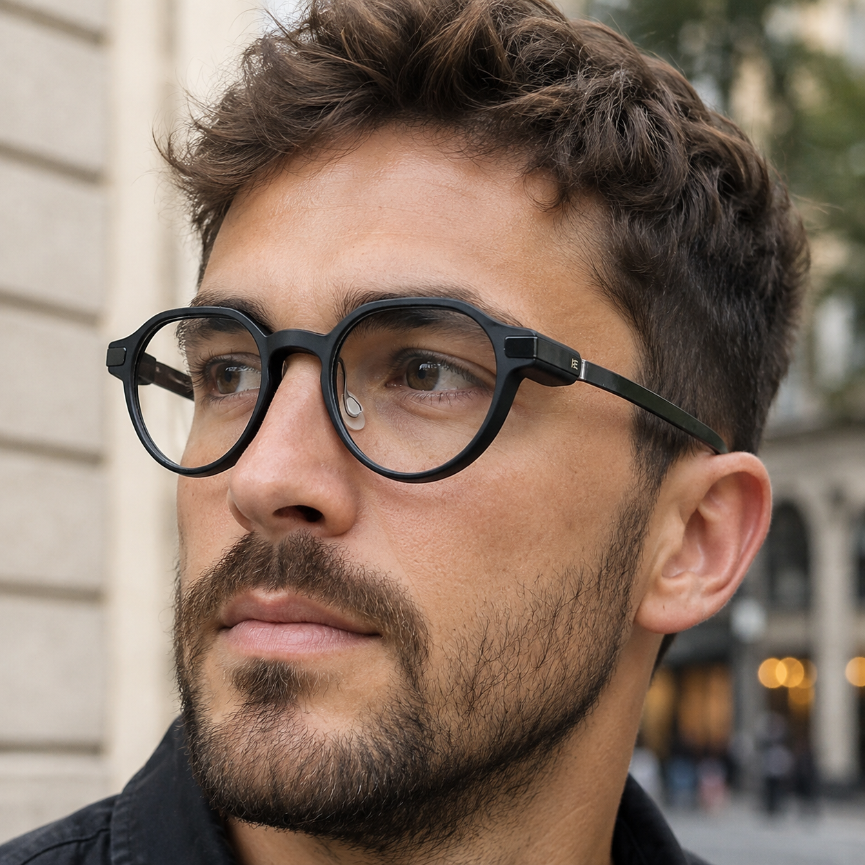 Man wearing black Even Realities-style display glasses outdoors