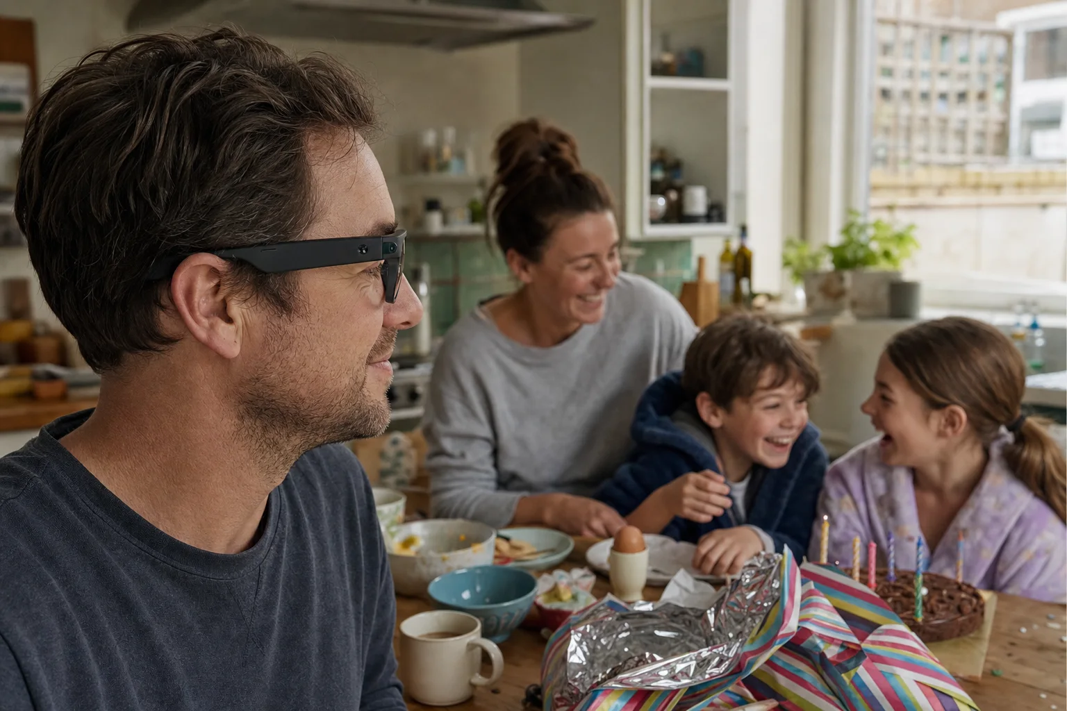 A parent wearing camera glasses watches a family laughing around a breakfast table