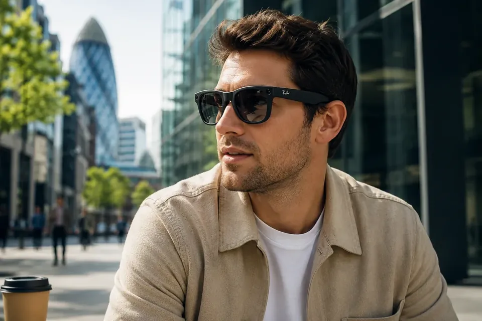 Person wearing AI glasses in a modern city setting