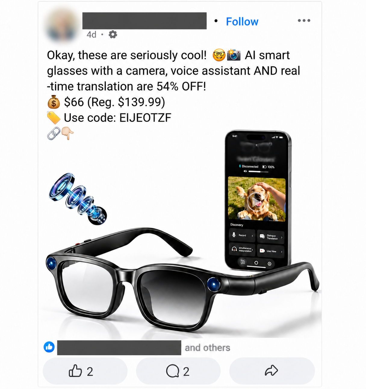 An anonymised social-media advert offering inexpensive camera glasses with translation and voice-assistant claims