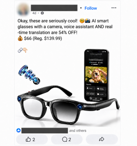 An anonymised social-media advert offering inexpensive camera glasses with translation and voice-assistant claims