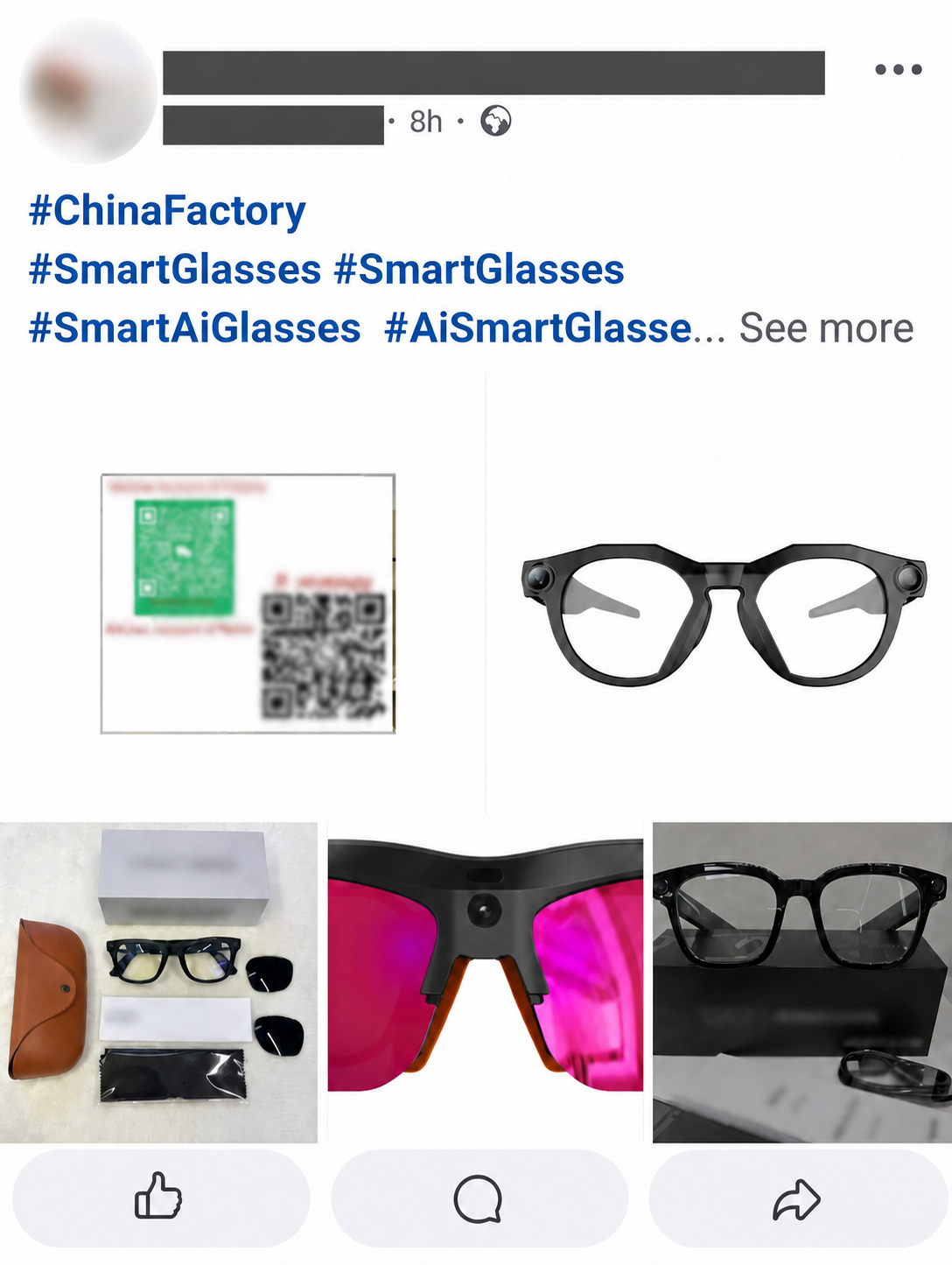 An anonymised social-media post advertising several generic smart-glasses designs