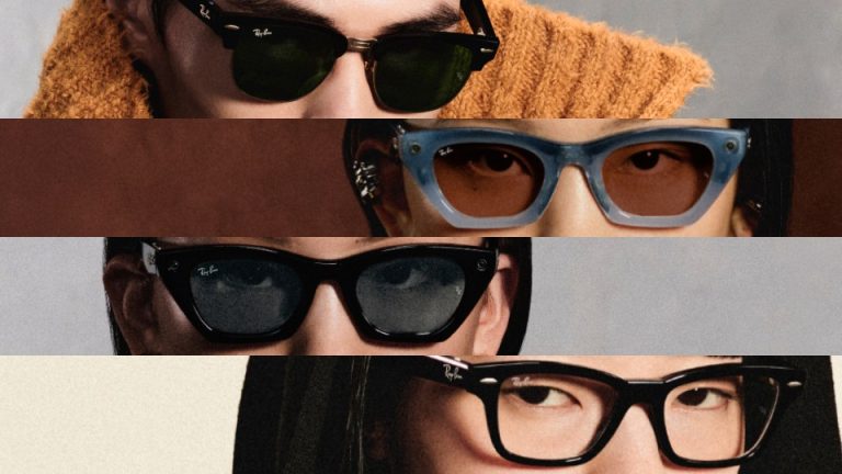 Four people wearing different styles from Meta’s AI glasses range