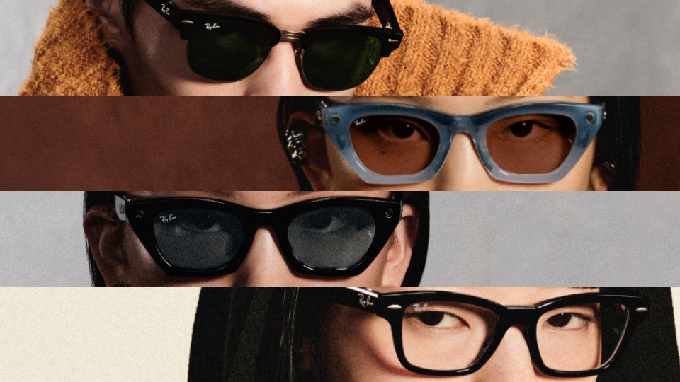 Four people wearing different styles from Meta’s AI glasses range