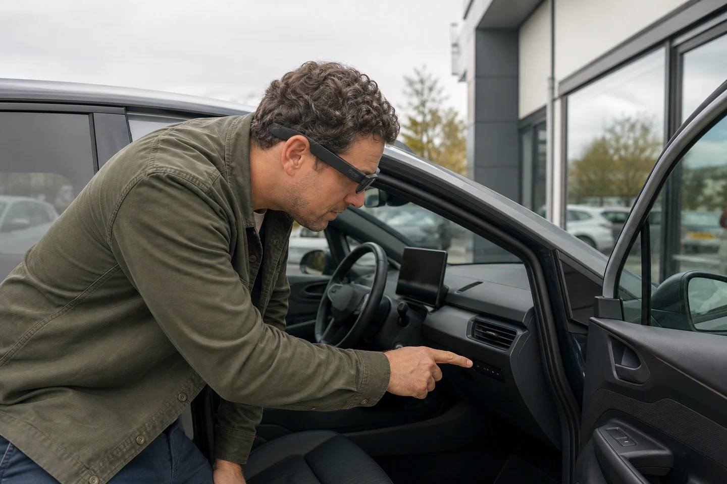 Person wearing generic AI glasses and pointing towards a dashboard control inside an unbranded electric hatchback