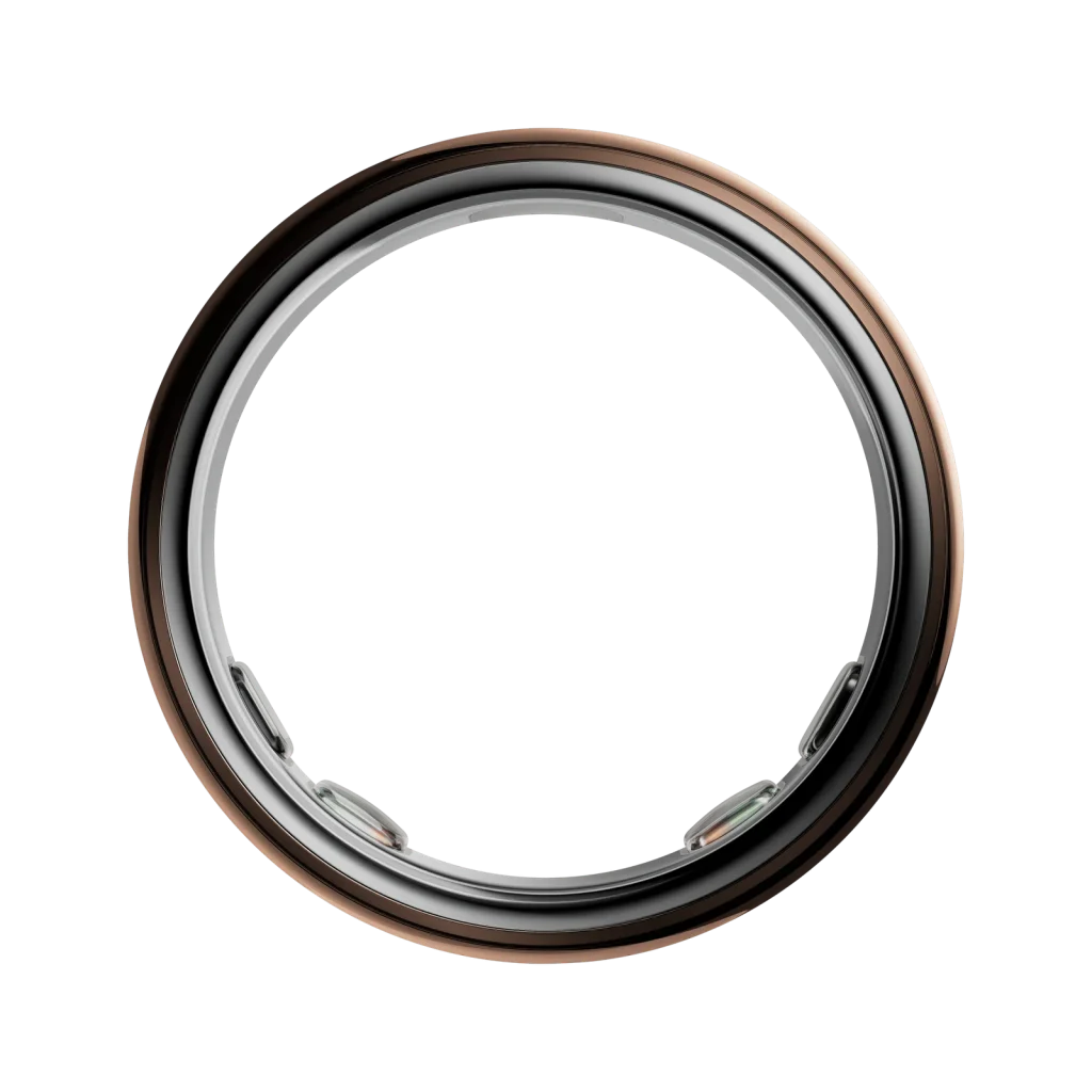 Oura Ring 5 in Deep Rose showing its inner sensor layout