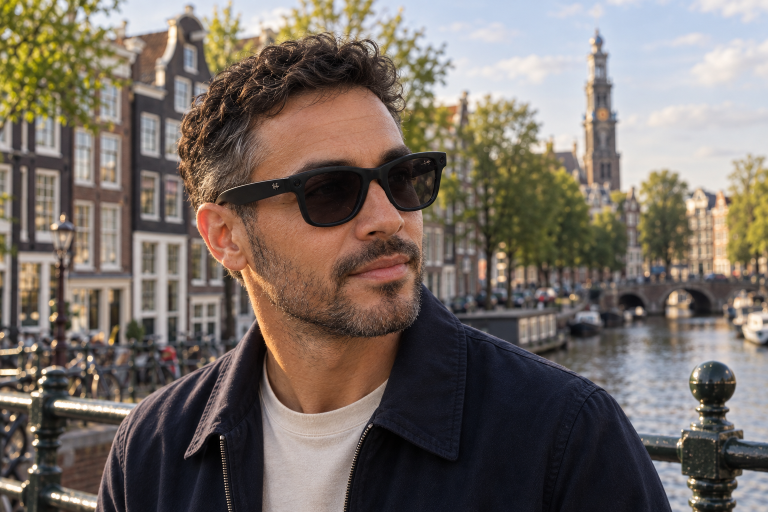 A man wearing black Ray-Ban Meta glasses on a canal bridge in Amsterdam