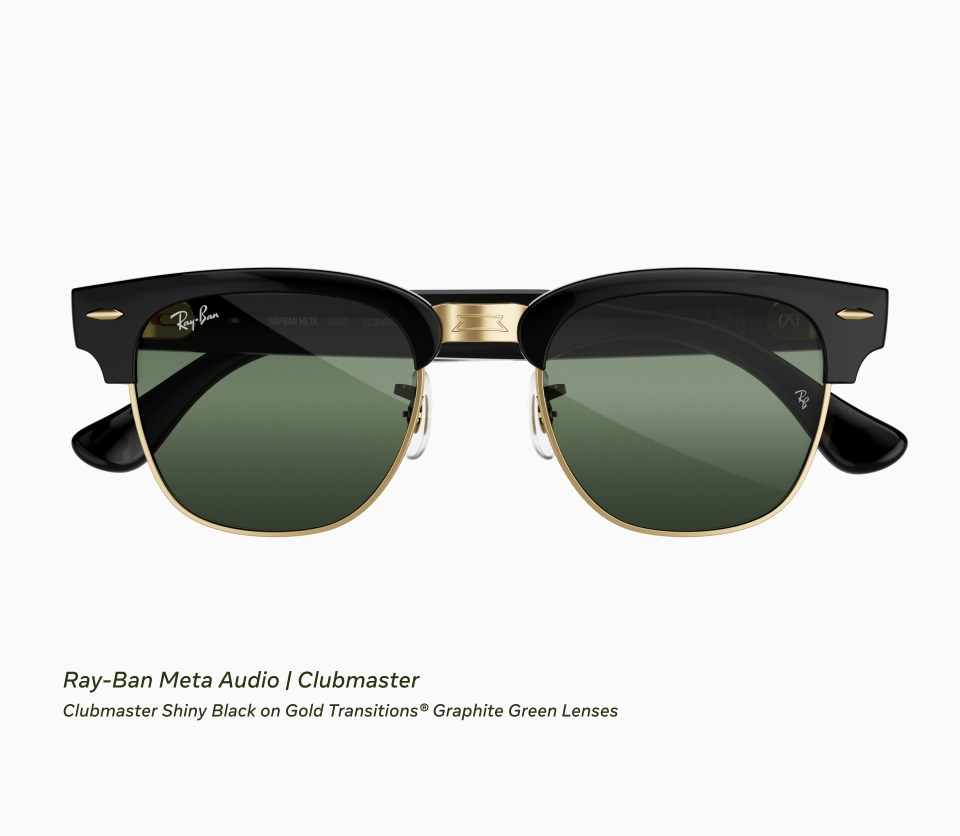 Ray-Ban Meta Audio Clubmaster in Shiny Black on Gold with Graphite Green Transitions lenses