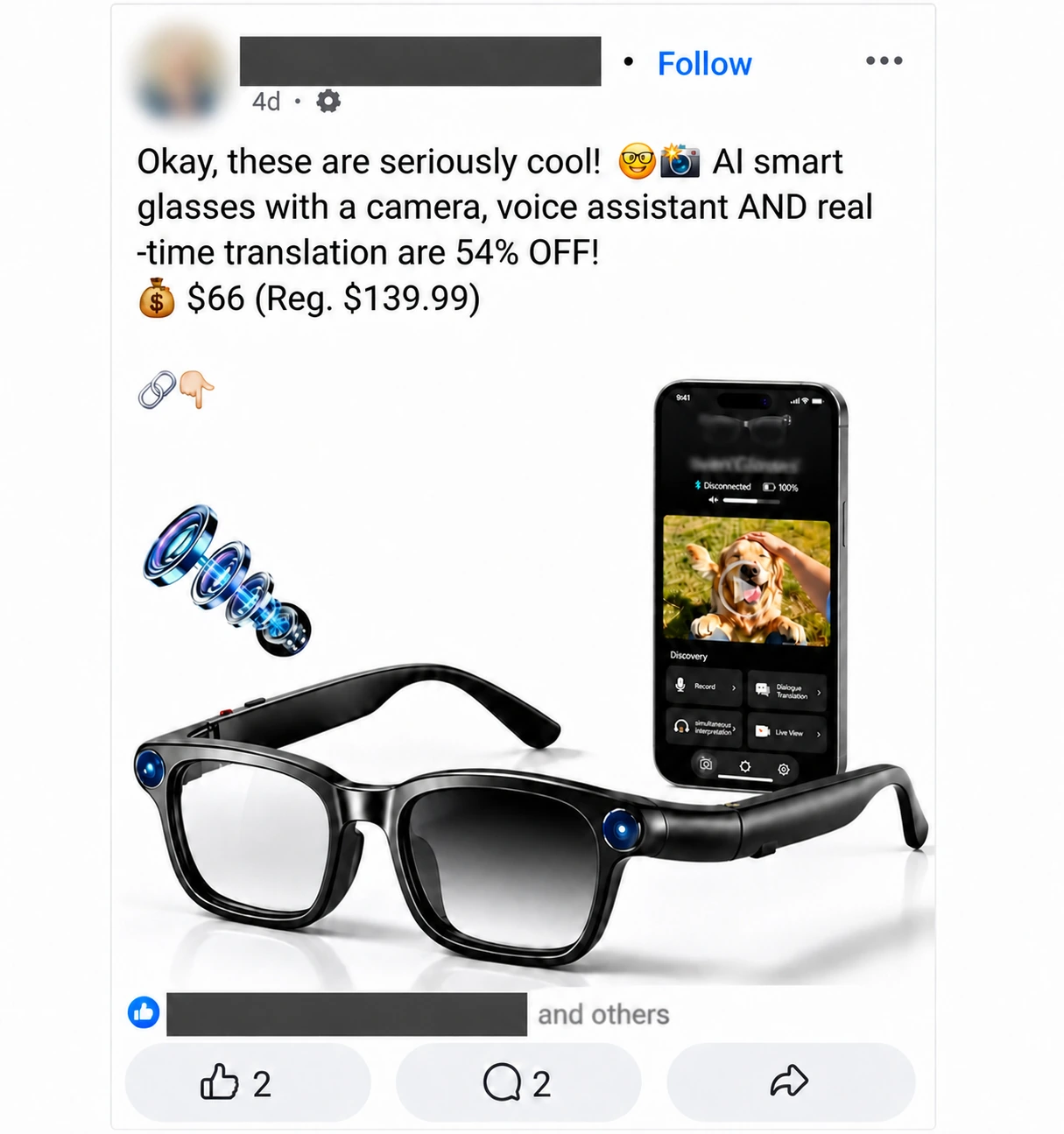 An anonymised social-media advert offering inexpensive camera glasses with translation and voice-assistant claims