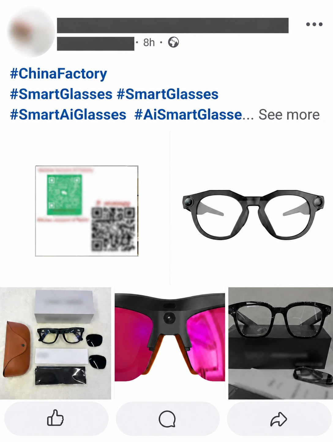 An anonymised social-media post advertising several generic smart-glasses designs