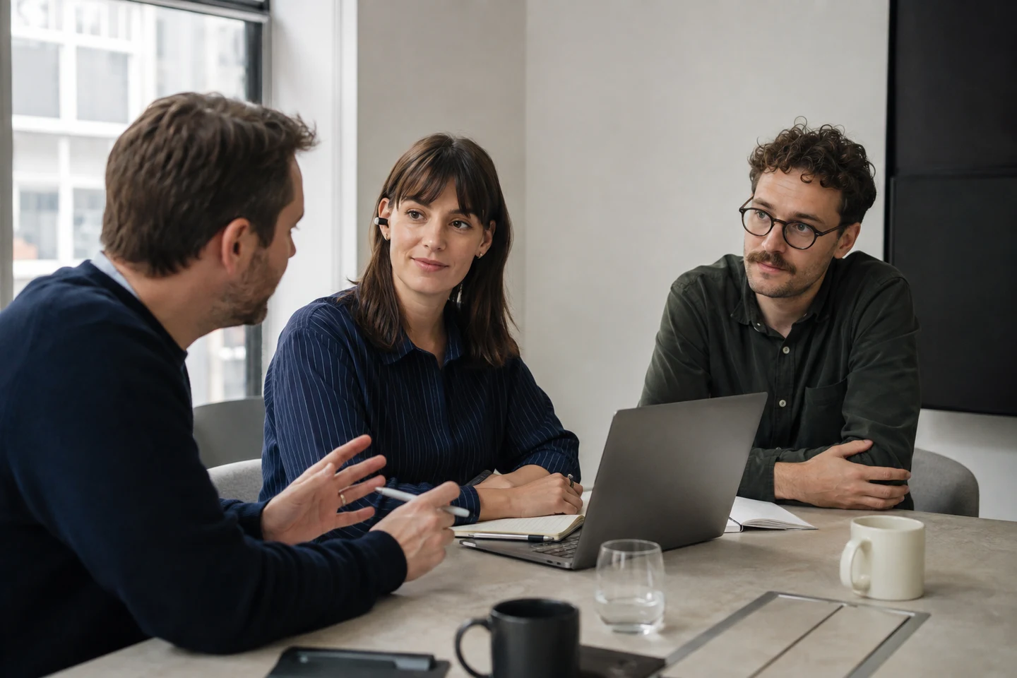 Three adults in an office meeting, with one person wearing generic open-ear clip earbuds
