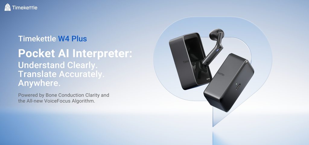 Timekettle W4 Plus interpreter earbud and its split charging case in Space Black